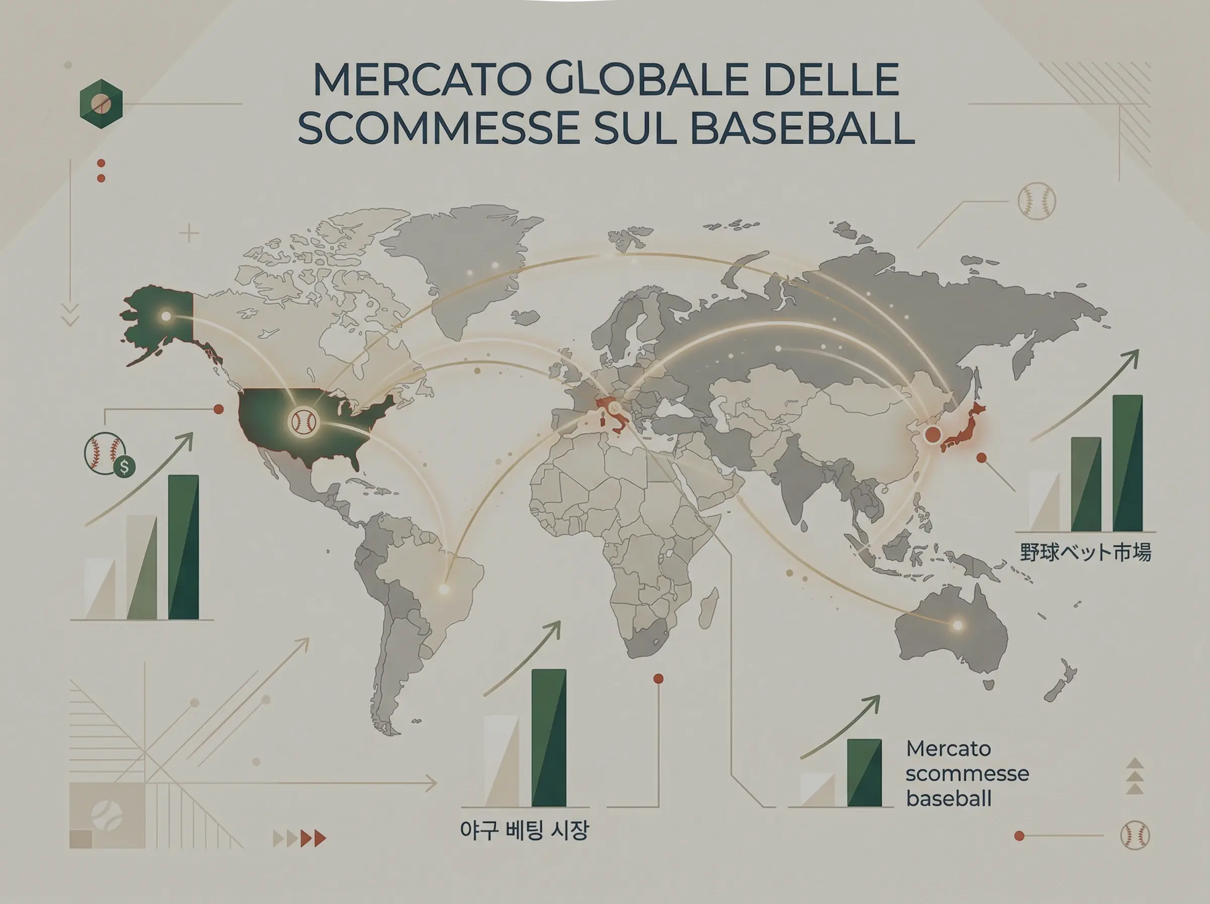 Infografica sul mercato globale del baseball con dati su ricavi e crescita delle scommesse