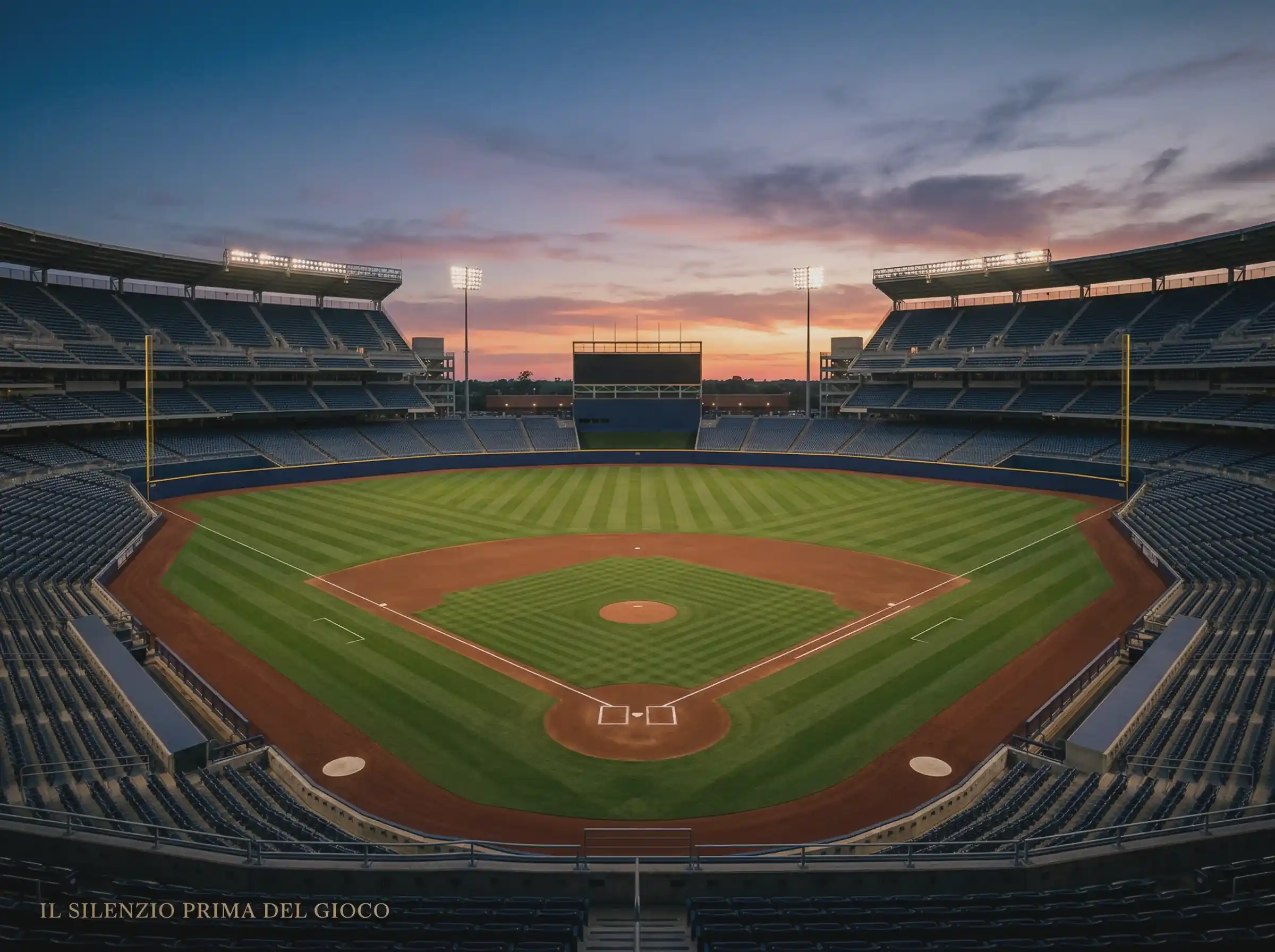 Stadio MLB durante una partita con il diamante illuminato e spalti pieni di spettatori