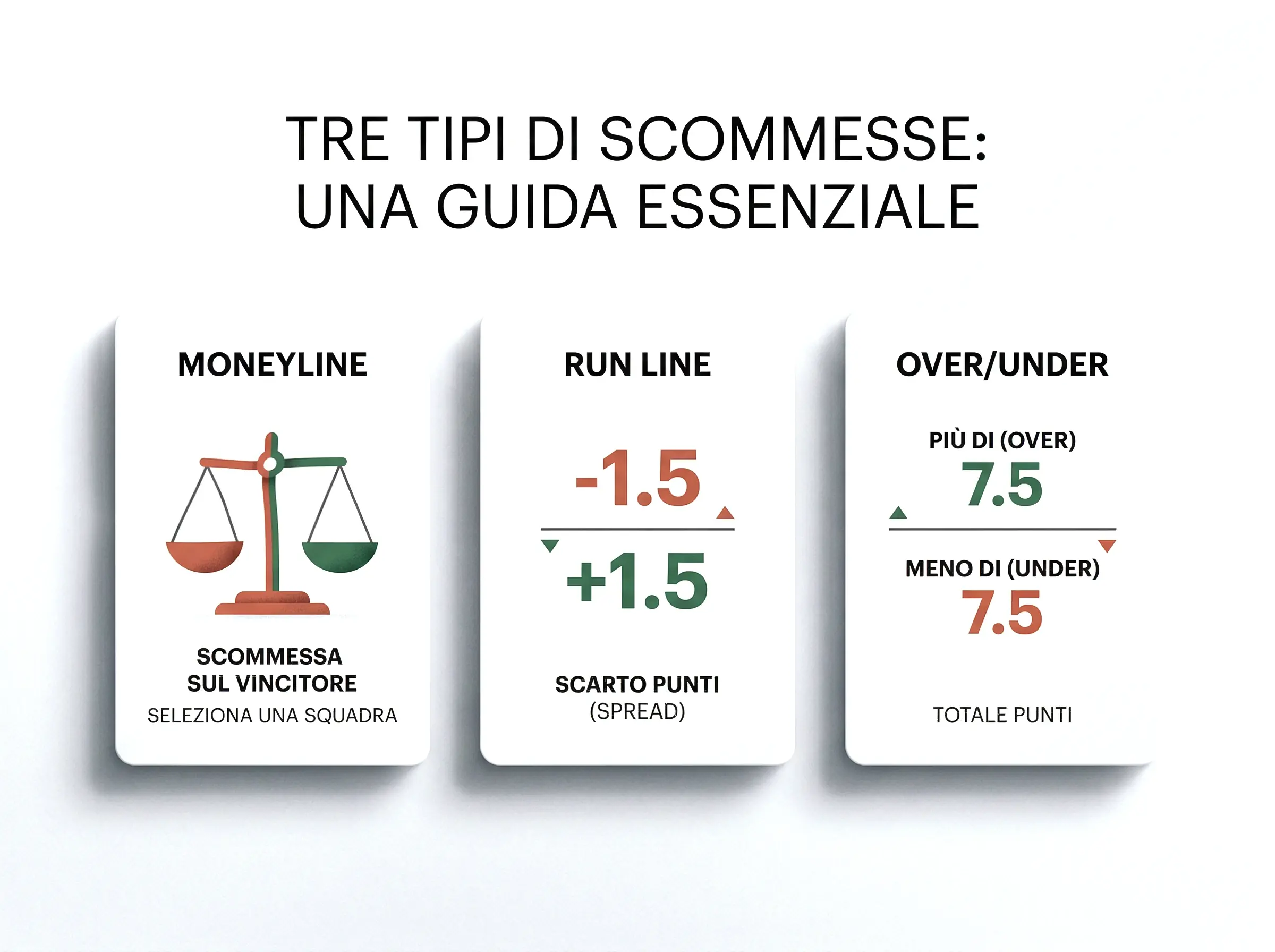 Rappresentazione visiva delle diverse tipologie di scommessa nel baseball: moneyline, run line, over/under